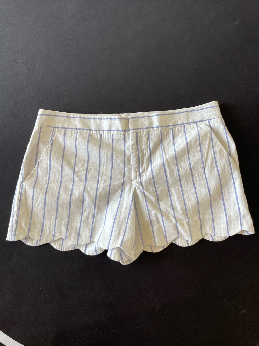Club Monaco White Shorts with Light Blue Pinstripes and Scalloped Hem